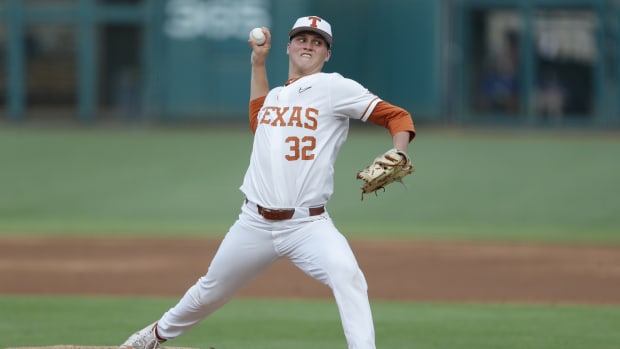 May 26, 2021; Oklahoma City, Oklahoma, USA; Texas pitcher Ty Madden (32) delivers a pitch to West Virginia during the Big 12 Conference Baseball Tournament at Chickasaw Bricktown Ballpark. Mandatory Credit: Alonzo Adams-USA TODAY Sports